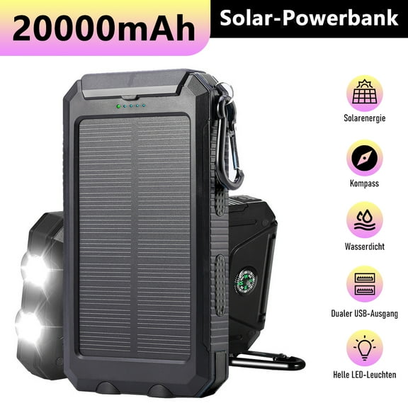 MDHAND Solar Panel Power Bank 20000mAh Portable Charger Waterproof Dual USB Ports External Battery Backup for Cell Phone with LED Flashlight
