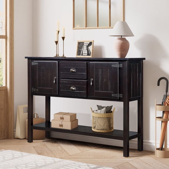 MDIOQIN 46" Solid Wood Console Table, Long Sofa Table with 2 Drawers , 2 Cabinets and Bottom Shelf for Entryway, Dining Room or Kitchen, Antique Espresso