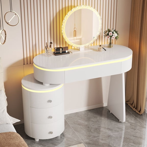 MDIOQIN Small Makeup Vanity Desk, Dressing Table with Adjustable Tabletop Length and Detachable Mirror, Reversible Storage Cabinet Layout with 3-Tier Drawer Unit, White