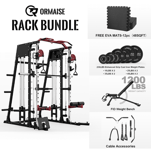 MDJB Smith Machine Home Gym, 2200 lbs Power Rack Cage with 800 lbs Capacity Adjustable Bench and Cable Crossover System, Weight Bar, 360 Landmine, Home Gym