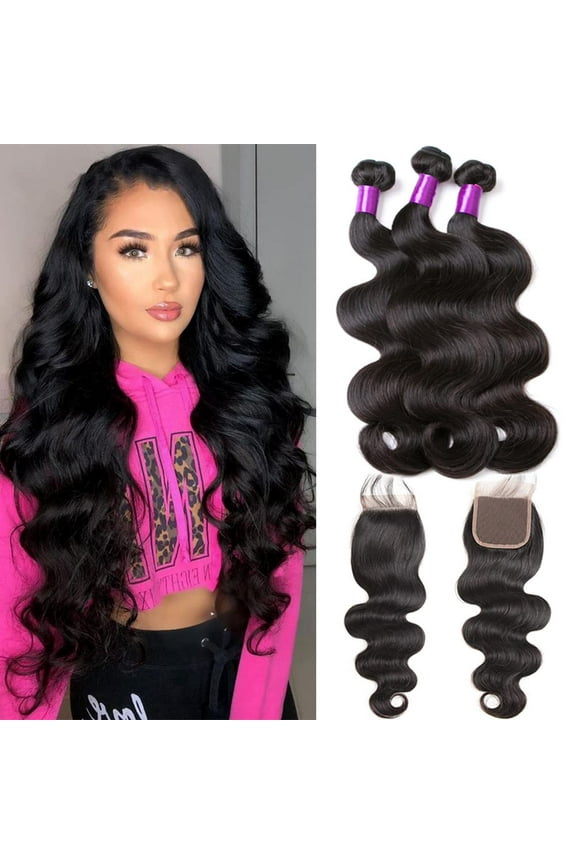 Human Hair Body Wave 18 20 22 Inch 3 Bundles With 16 Inch Closure 100% Unprocessed Brazilian Human Hair Bundles with 4x4 Lace Closure Natural Color