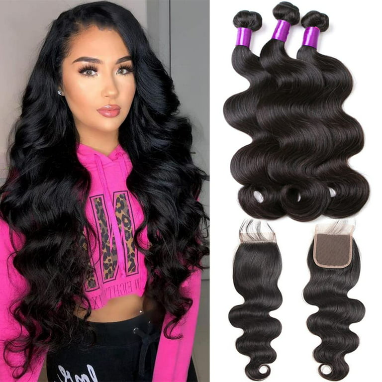 Brazilian Deep Wave Bundles with Closure Virgin Human Hair Bundles with  Closure 4×4 Lace Mixed Length Hair Bundles Natural Color for Black Women  100%