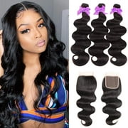 MDL Body Wave Bundles with Closure Human Hair Brazilian 3 Bundles with 4x4 Lace Closure Natural Color (14 16 18+12)