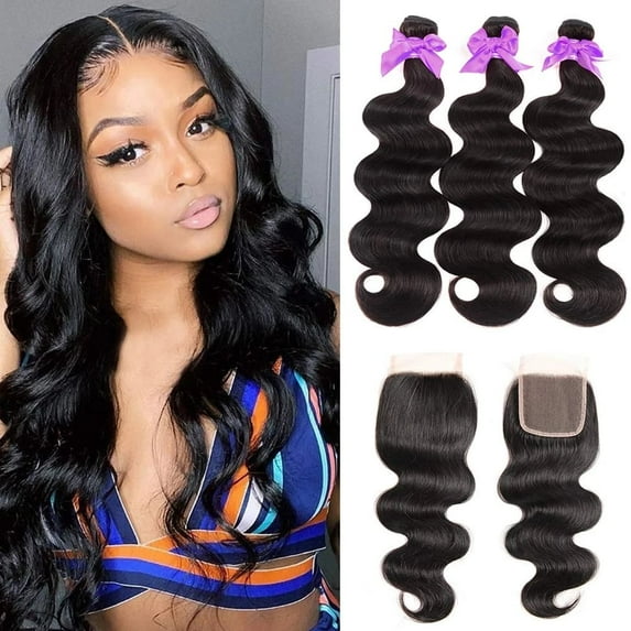 MDL Body Wave Bundles with Closure Human Hair Brazilian 3 Bundles with 4x4 Lace Closure Natural Color (14 16 18+12)