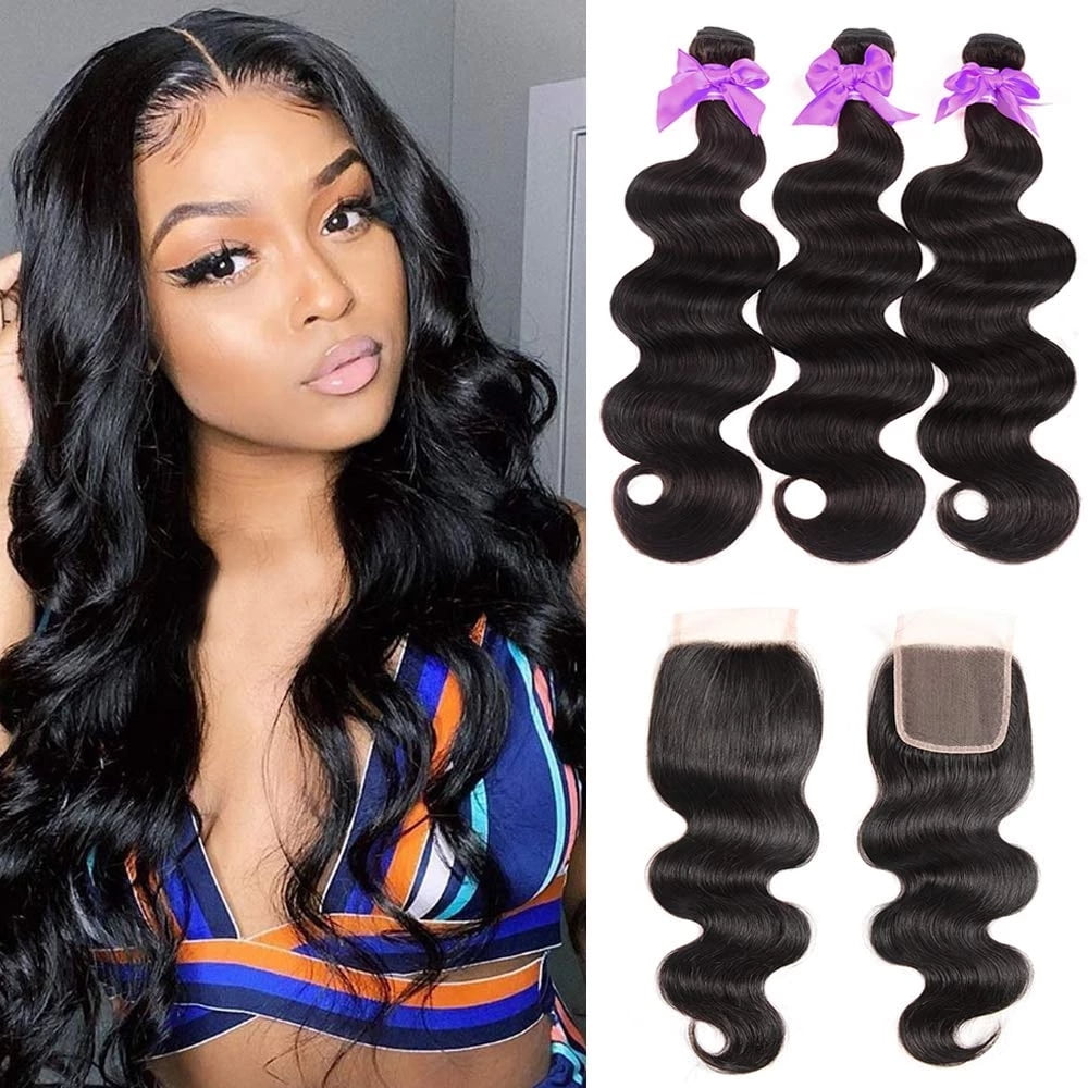 Human Hair Bundles (12 14 16+12) Body Wave Human Hair Bundles with Closure 3  Bundles with Frontal 4x4 Free Part with Baby Hair Brazilian Black Weave Bundles  Human Hair 100% Unprocessed Natural Color 