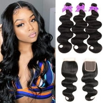 MDL Body Wave Bundles with Closure Human Hair Brazilian 3 Bundles with 4x4 Lace Closure Natural Color  (14 16 18+12)