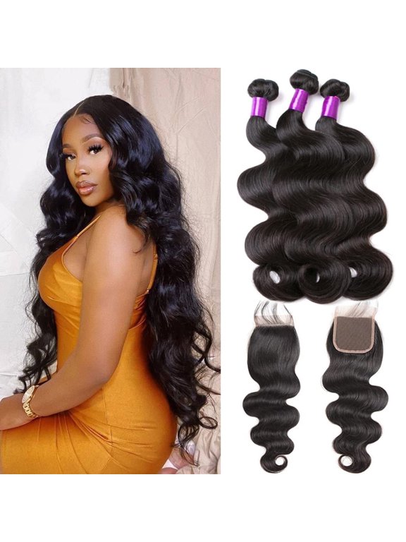 Brazilian Body Wave 3 Bundles with Closure (20 22 24+18) 100% Unprocessed Brazilian Body Wave Human Hair Bundles with 4x4 Lace Closure Free Part Natural Color