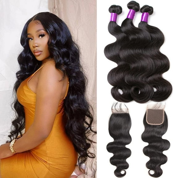 MDL Brazilian Body Wave 3 Bundles with Closure (20 22 24+18) 100% Unprocessed Brazilian Body Wave Human Hair Bundles with 4x4 Lace Closure Free Part Natural Color