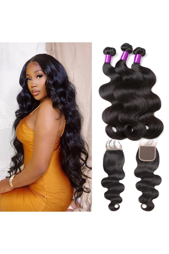 Brazilian Body Wave 3 Bundles with Closure (20 22 24+18) 100% Unprocessed Brazilian Body Wave Human Hair Bundles with 4x4 Lace Closure Free Part Natural Color