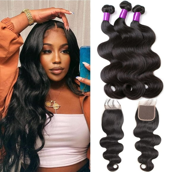 MDL Brazilian Body Wave 3 Bundles with Closure 100% Unprocessed Human Hair Extensions 4x4 Free Part Lace Closure Natural Color (16 18 20+14)