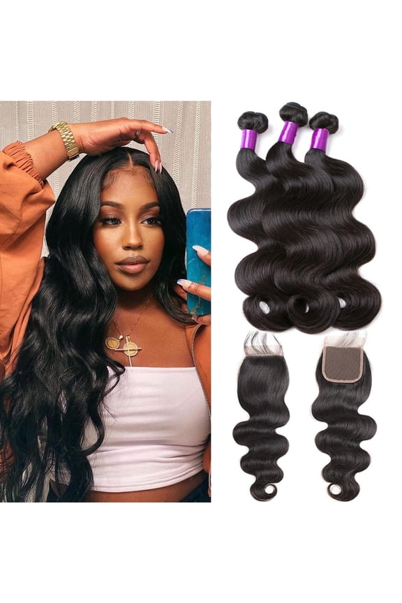Brazilian Body Wave 3 Bundles with Closure 100% Unprocessed Human Hair Extensions 4x4 Free Part Lace Closure Natural Color (16 18 20+14)