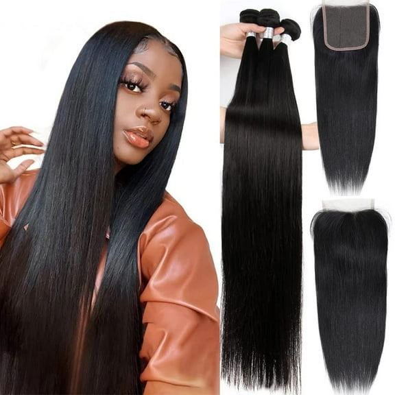 MDL Brazilian Straight 3 Bundles with Closure (20 22 24+18) 100% Unprocessed Brazilian Straight Human Hair Bundles with 4x4 Lace Closure Free Part Natural Color