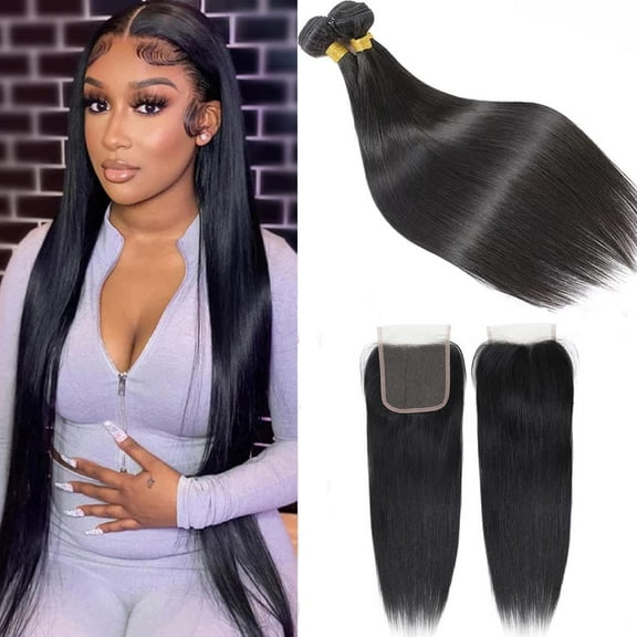 MDL Bundles with Closure Brazilian Straight 3 Bundles with Closure Virgin 100% Unprocessed Human Hair Extensions 4x4 Free Part Lace Closure Natural Color (16 18 20+14)