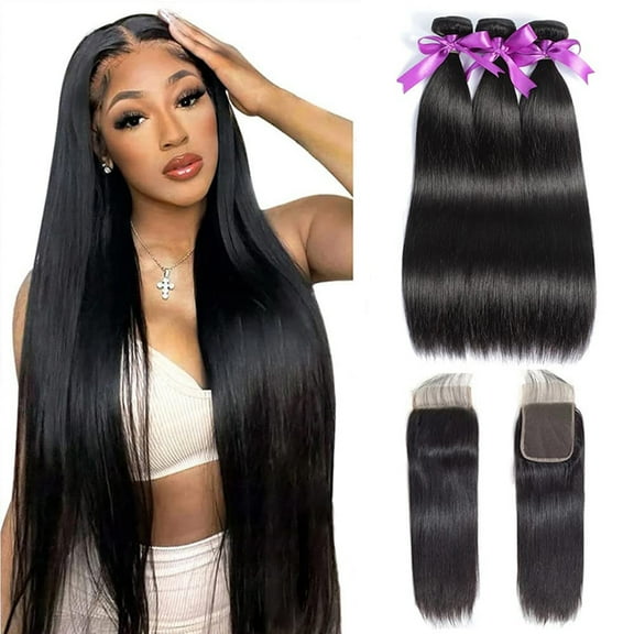 MDL Bundles with Closure  Straight Human Hair Brazilians 3 Bundles with 4x4 Lace Closure Natural Black Color  18 20 22 16