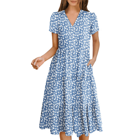 MDLRA Dresses for Women Summer Casual Short Sleeve V Neck Midi Dresses Flowy A-line Tiered T Shirts Boho Beach Dress 2025 Spring Blue