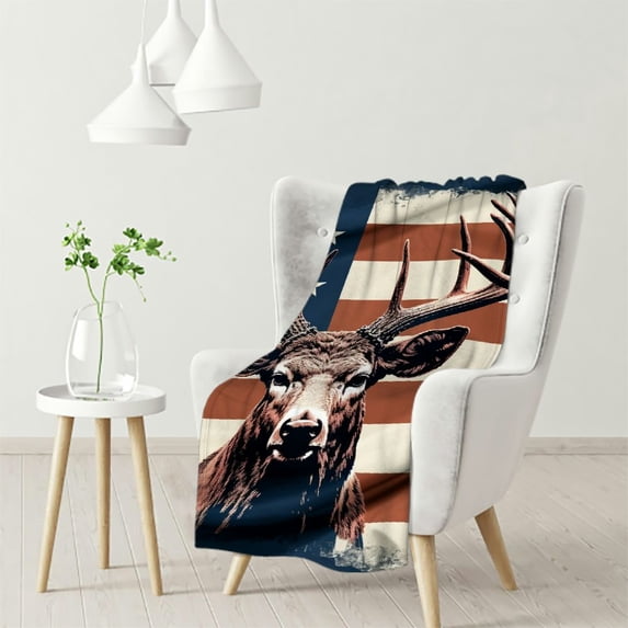 MDO Camo American Flag Deer Fleece Throw Blanket Camouflage Soft Flannel Plush Lightweight Warm Cozy Blanket for Bed Couch Sofa Travel 50"X40"