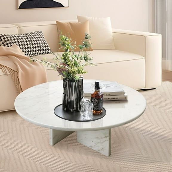 MDQDM 27.6''Marble Coffee Table,Natural Texture Marble Coffee Table for Living Room,White Round Center Table for Home