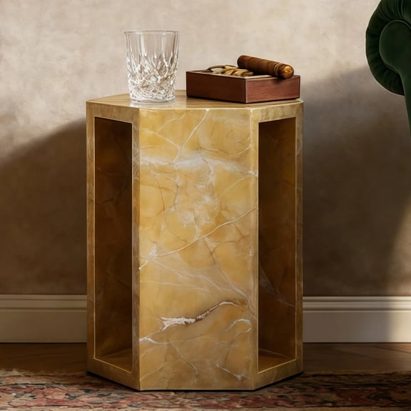 MDQMD 16"H Gold Side Accent Table,Bedroom Side Tables for Small Spaces with Natural Veining,Hexagonal End Table with Polished Finish,Marble Side Tables for Living Room
