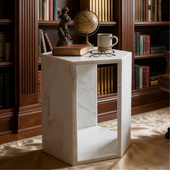 MDQMD 16"H White Hexagon Side Table,Small Marble Side Table with Natural Veining,Minimalist End Tables for Small Spaces with Polished Finish,Modern End Tables for Living Room