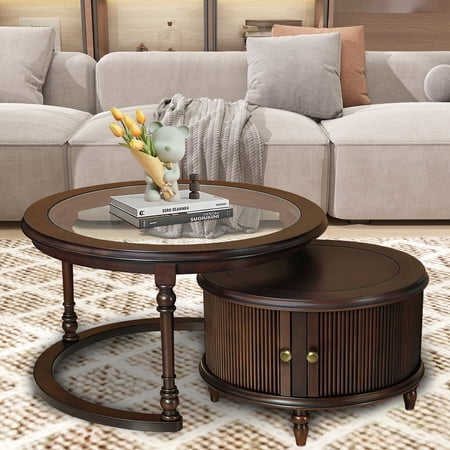MDQMD 2-Piece Round Coffee Table Set with Tempered Glass Top Soft Close Storage Space Saving Design Rubberwood Legs Dark Brown Ideal for Apartments Farmhouse Living Rooms Vintage Modern Decor