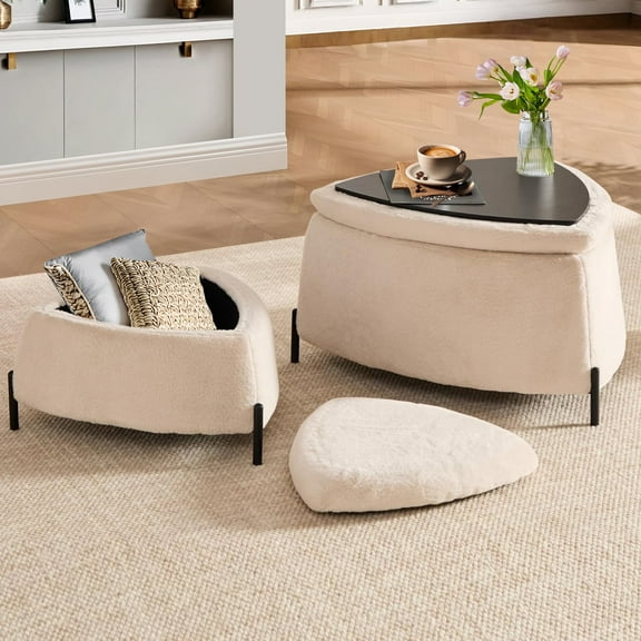 MDQMD 2-Piece Set Storage Ottoman Foot Stool with Faux Fur Upholstered Versatile Footrest with Metal Legs Triangle Shoe Changing Stool Coffee Side Table for Living Room Bedroom Entryw Light Camel