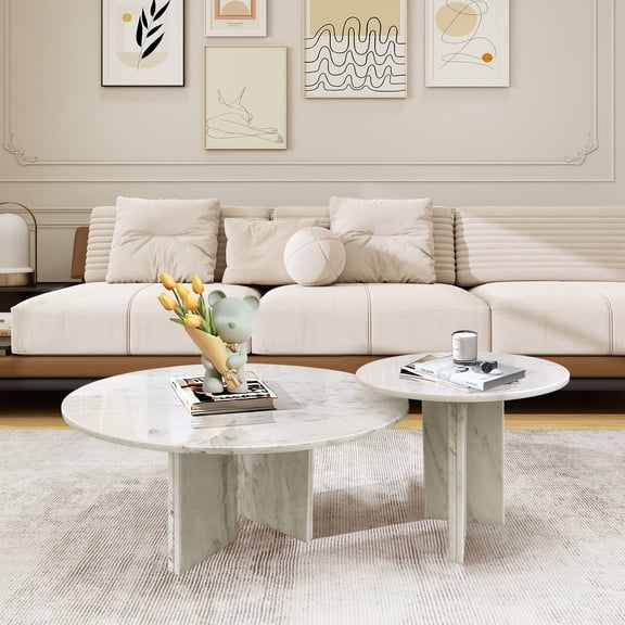 MDQMD 2 Set of Natural Marble White Round Coffee Table,Modern Coffee Table for Living Room,Luxury Center Table for Home