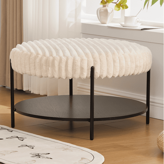MDQMD 30.9"Round Coffee Table Ottoman with Storage Shelf Footstool with Wooden Open Storage Shelf with Black Metal Legs Faux Fur Footstool with Versatile Foot Rest for Living Room Bedroom Beige