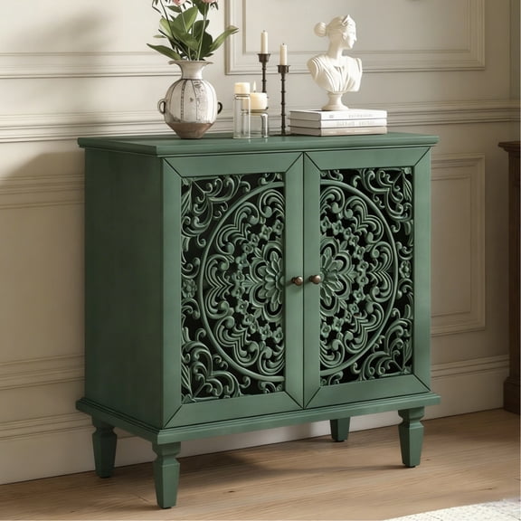 MDQMD 31.5"Green Sideboard Buffet Cabinet,2 Door Accent Cabinet with Symmetrical Floral Design,Buffet Sideboard Storage Cabinets with Vintage Handle,Storage Cabinets for Living Room