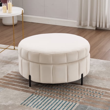 MDQMD 31.5" Round Storage Ottoman with Reversible Lid Velvet Upholstered Pumpkin Shaped Ottoman Multi Functional Coffee Table Footrest for Living Room Bedroom Dorm Beige