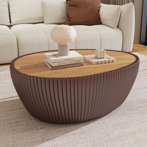 MDQMD 32.1'' Brown Modern Oval Coffee Table with Marble Top & Leather Covered,Round Stone Coffee Table for Living Room