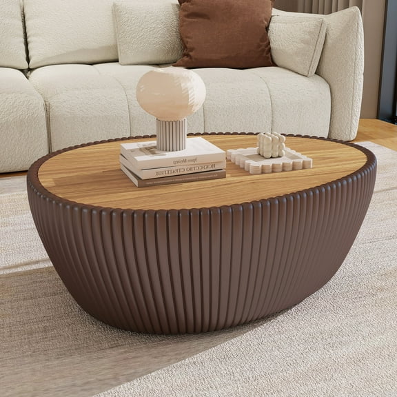 MDQMD 32.1'' Brown Modern Oval Coffee Table with Marble Top & Leather Covered,Round Stone Coffee Table for Living Room