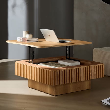 MDQMD 35.4'' Natural Wood Table Square with Hidden Stroage,Fluted Coffee Table Lift Top,Moden Center Table for Living Room,Office