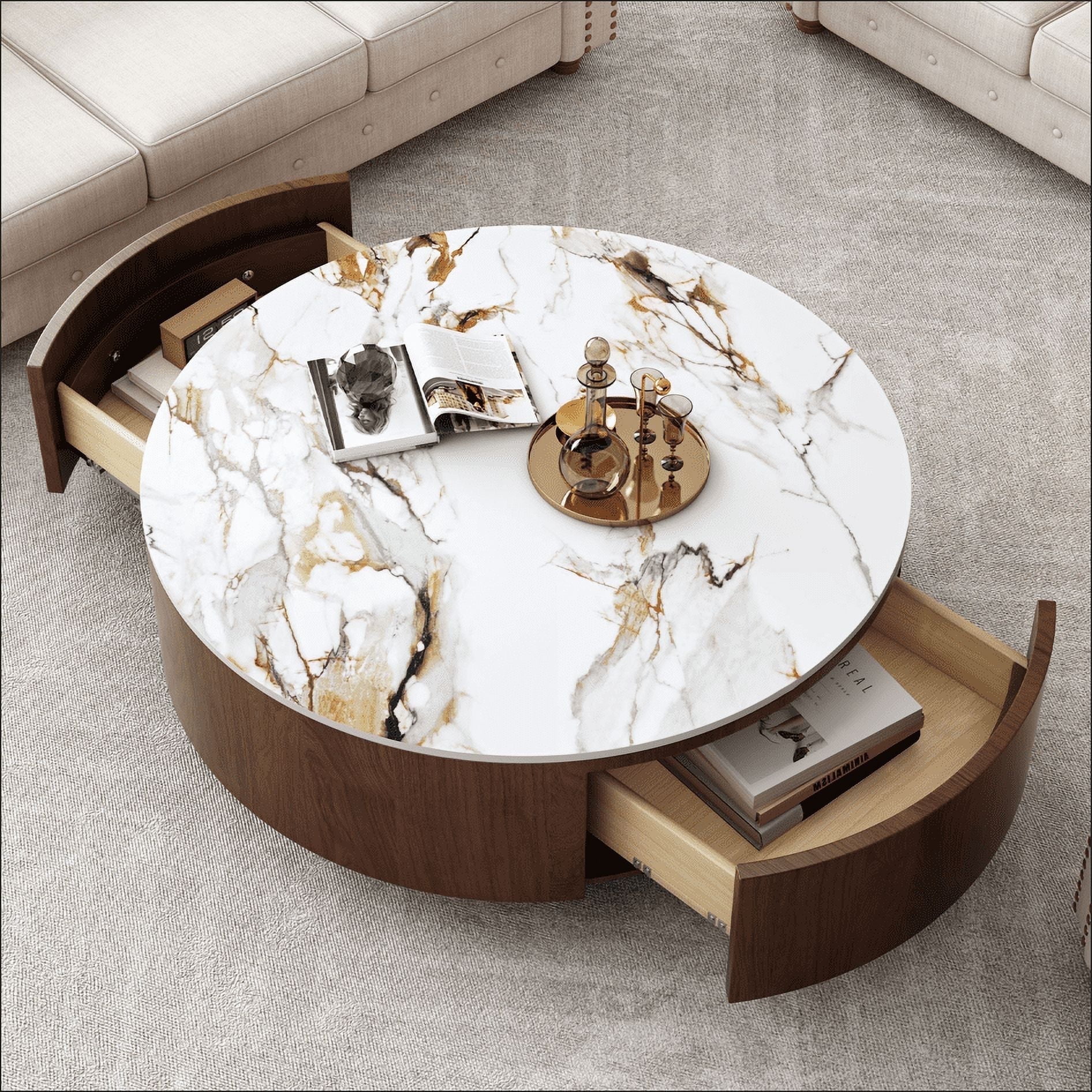 MDQMD 35" Round Faux Marble Coffee Table with 2 Silent-Close Drawers & Stainless Steel Legs - Modern Walnut Storage Center Table for Living Room, White Luxury Sturdy Design