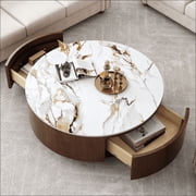 MDQMD 35" Round Faux Marble Coffee Table with 2 Silent-Close Drawers & Stainless Steel Legs - Modern Walnut Storage Center Table for Living Room, White Luxury Sturdy Design