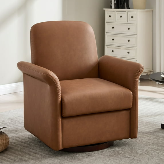 MDQMD 360°Swivel Accent Chair - Modern Faux Leather Lounge Chair with Sturdy Wood Base for Living Room Bedroom Office Brown(33.4"Lx33.4"Wx37"H)