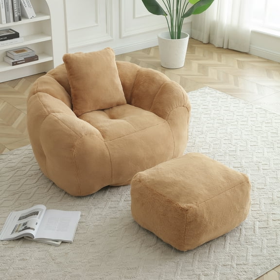 MDQMD 45"Giant Bean Bag Chair with Ottoman Pillow Armrest Ultra Soft Fluffy Faux Fur Oversized Comfy Lazy Sofa Memory Foam Floor Sofa Chair for Adults Living Room Bedroom Gaming Khaki