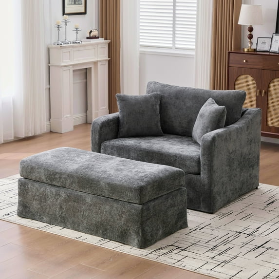MDQMD 45"Grey Oversized Accent Chair with Ottoman,Chenille Modern Living Room Chairs with Ottoman,Reading Chairs for Adults