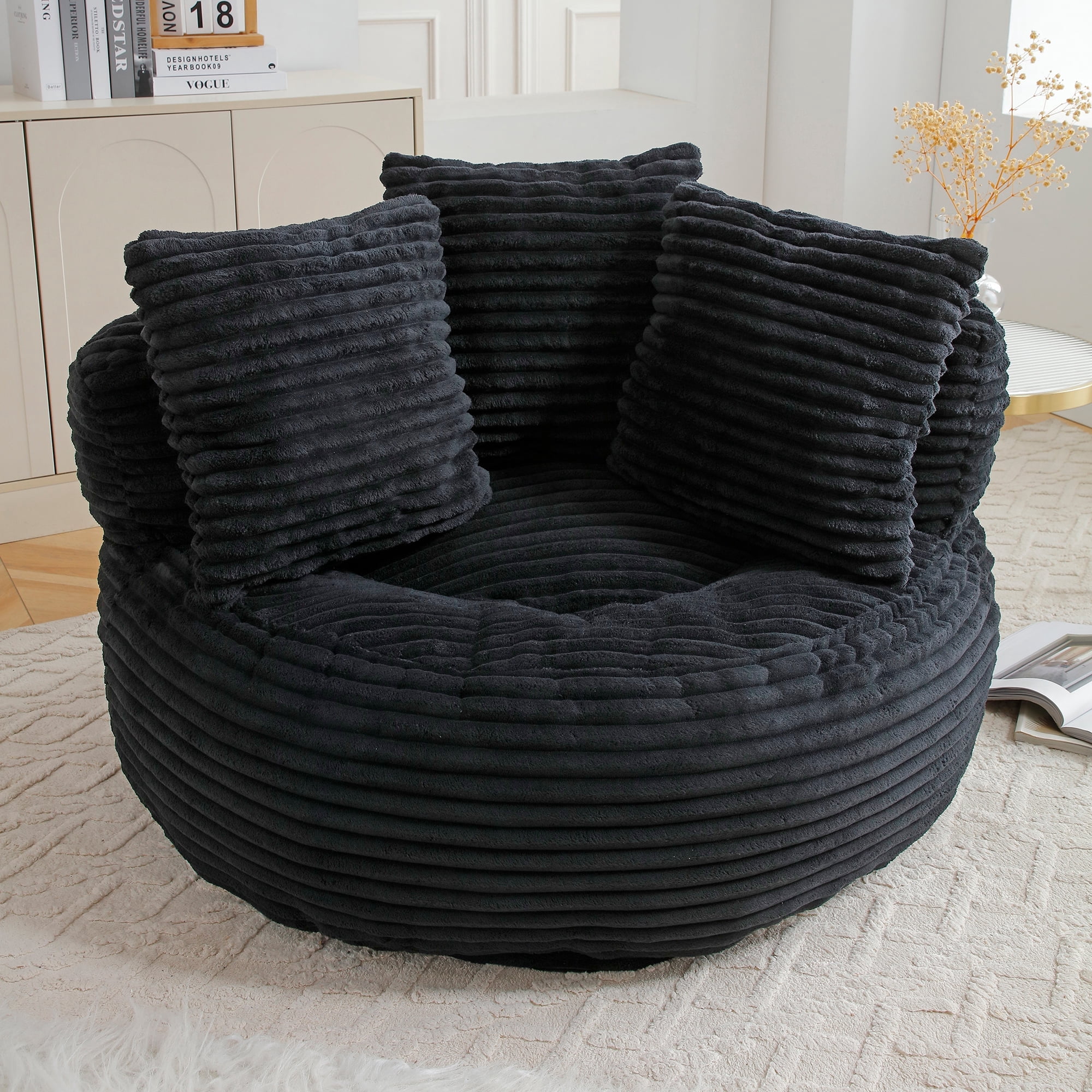 MDQMD 45"Oversized Bean Bag Chair Round with Armrests Corduroy Fabric 3 Pillows Comfy Lazy Sofa for Adults Giant Bean Bag Chair for Living Room Bedroom Gaming Reading Black