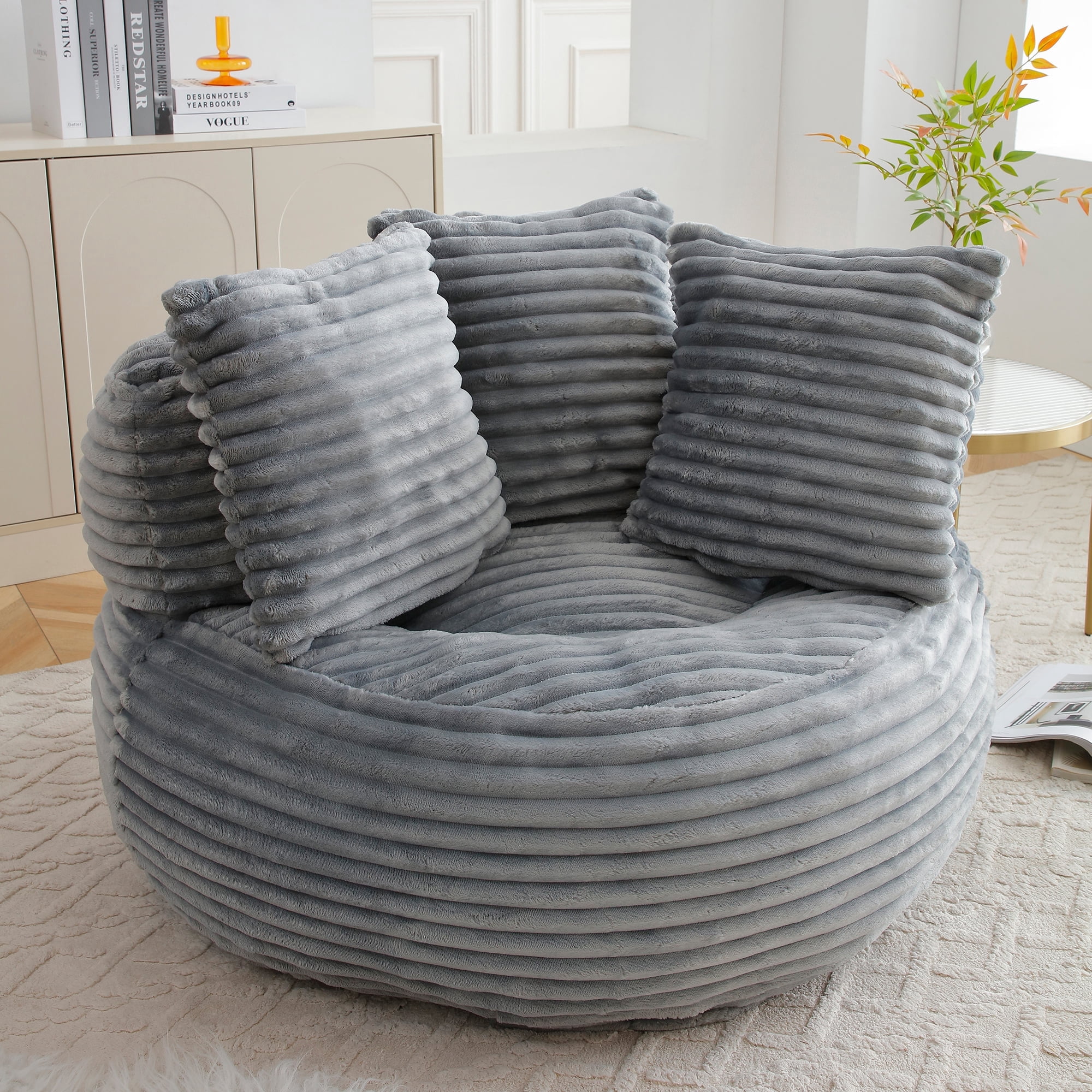 MDQMD 45"Oversized Bean Bag Chair Round with Armrests Corduroy Fabric 3 Pillows Comfy Lazy Sofa for Adults Giant Bean Bag Chair for Living Room Bedroom Gaming Reading Nook Gray
