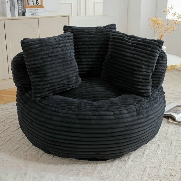 MDQMD 45"Oversized Bean Bag Chair Round with Armrests Corduroy Fabric 3 Pillows Comfy Lazy Sofa for Adults Giant Bean Bag Chair for Living Room Bedroom Gaming Reading Black