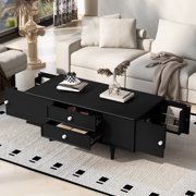 MDQMD 47.2 Black Coffee Table with Storage Drawers for Living Room,Center Table with Solid Wood Legs& Metal Handle for Home