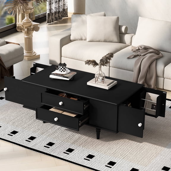 MDQMD 47.2'' Black Coffee Table with Storage Drawers for Living Room,Center Table with Solid Wood Legs& Metal Handle for Home