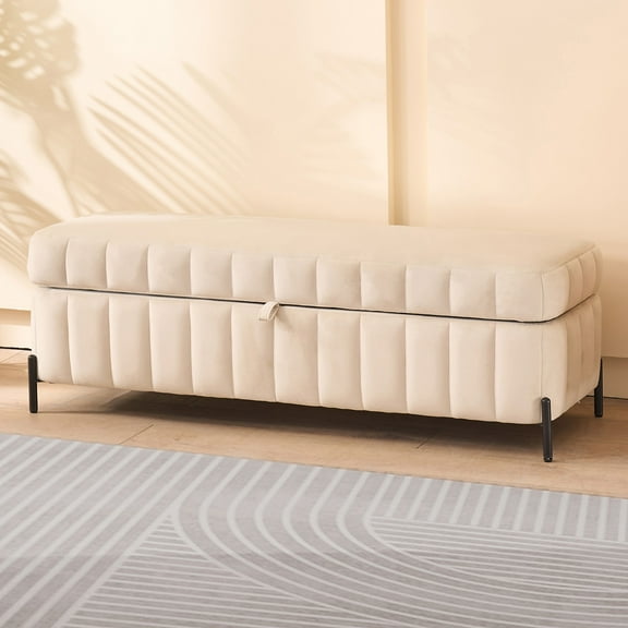 MDQMD 49" Velvet Storage Bench with Hidden Compartment - Multi-Functional Soft Ottoman for Entryway, Bedroom & Living Room (Beige)