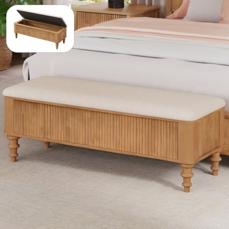 MDQMD 50" Medium Size Storage Bench End of Bed Wood with Fluted,Entryway Bench with Storage Natural,Linen Upholstered Benches for Bedroom,Hallway, Window Seat, and Front Porch