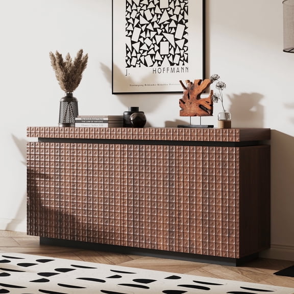 MDQMD 58.3'' Brown Sideboard for Living Room,Kitchen Buffet Storage Cabinet with Fluted Design,Mid Century Modern Sideboard for Hallway