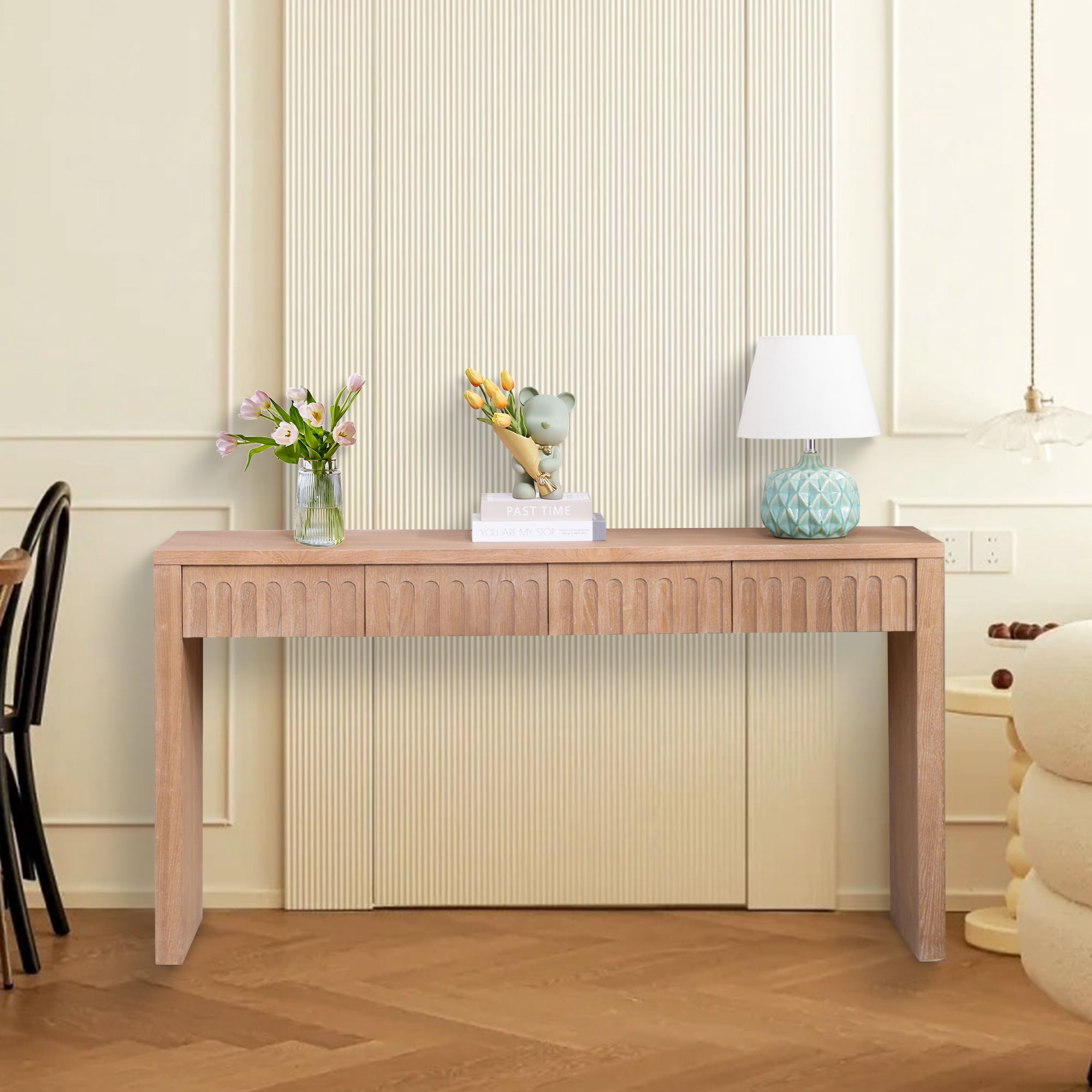 MDQMD 59.2'' Console Table with 4 Drawers for Living Room,Carved Console Table with Storage,Wooden Couch Table Behind Sofa,Natural Wood