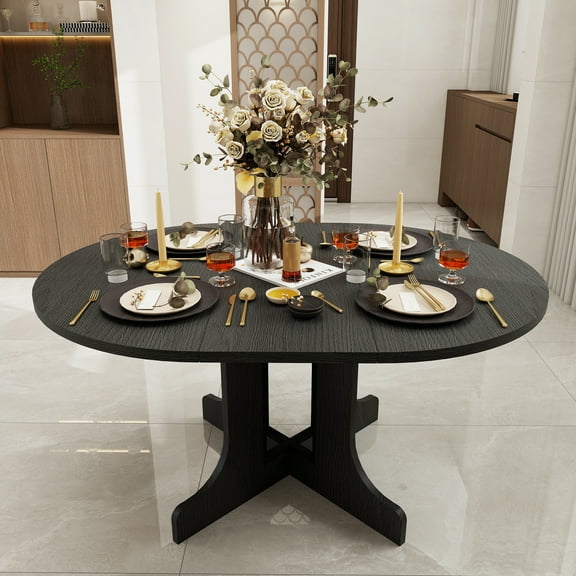 MDQMD 59" Farmhouse Dining Table for Kitchen Expandable Oval Table with Removable Leaf & X-Shaped Trestle Base Space Saving Black MDF Table