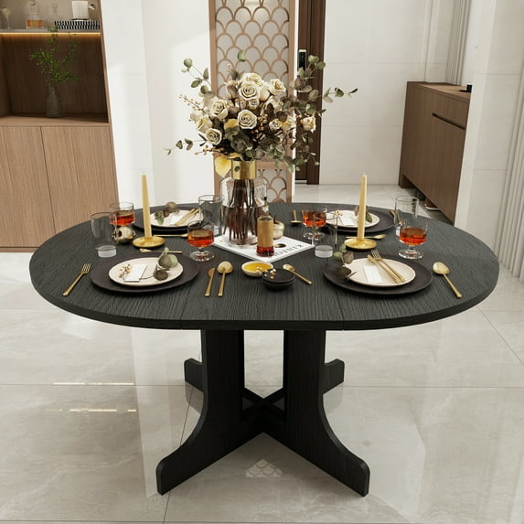 MDQMD 59" Farmhouse Dining Table for Kitchen Expandable Oval Table with Removable Leaf & X-Shaped Trestle Base Space Saving Black MDF Table