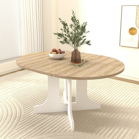 MDQMD 59" Farmhouse Dining Table for Kitchen Expandable Oval Table with Removable Leaf & X-Shaped Trestle Base Space Saving White MDF Table