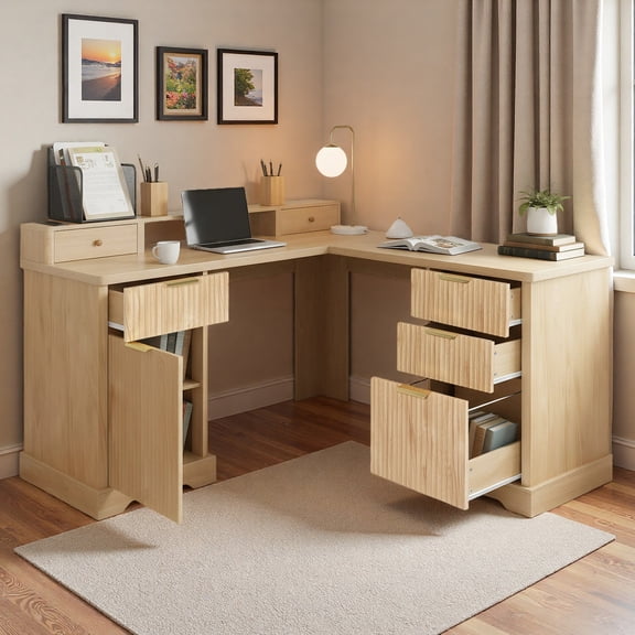 MDQMD 59"Natural Wood Desk,L Shaped Desk with Monitor Stand,Modern Computer Desks with Charging Station & Storage Cabinet,Fluted Computer Desks with Removable Support Shelf for Study, Home Office